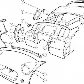 BODY AND FITTINGS: FRONT APRON, FRONT WINGS AND BULKHEAD. Vent lid details which are not shown are listed from 17C to 17M