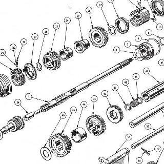 GEARBOX: MAINSHAFT, CONSTANT PINION SHAFT, COUNTERSHAFT AND REVERSE GEAR.