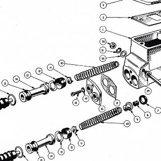 MASTER CYLINDER: TWIN AND LATE SEPARATE CYLINDERS WITH RESERVOIR Girling cylinders and components (not illustrated) are listed from item U32 onward.
