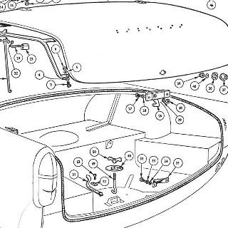 BODY AND FITTINGS: TRUNK LID, LOCKS AND HINGES. SPARE WHEEL MOUNTING AND TOOL STOWAGE DETAILS.