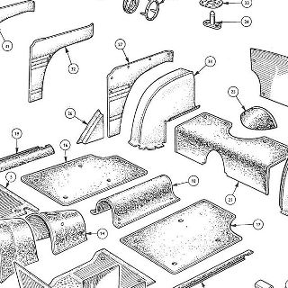 BODY AND FITTINGS: CARPETS, REAR AND QUARTER CASINGS, PETROL TANK AND TRUNK FLOOR COVER.