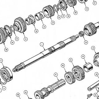 GEARBOX: MAINSHAFT, CONSTANT PINION SHAFT, COUNTERSHAFT AND REVERSE GEAR.