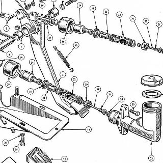 CLUTCH AND BRAKE PEDALS: MASTER CYLINDERS AND SUPPORT BRACKET.