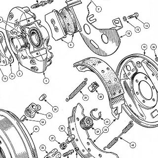 BRAKE UNIT: FRONT CALIPERS AND REAR DRUMS.