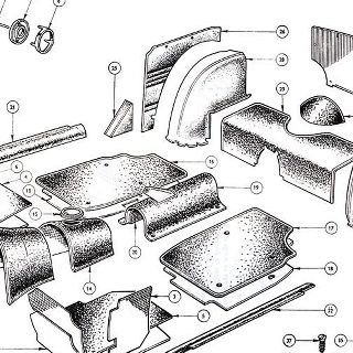 BODY AND FITTINGS: CARPETS, REAR AND QUARTER CASINGS, PETROL TANK AND TRUNK FLOOR COVER.