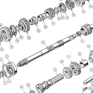 GEARBOX: MAINSHAFT, CONSTANT PINION SHAFT, COUNTERSHAFT AND REVERSE GEAR.