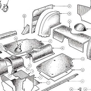 BODY AND FITTINGS: CARPETS, REAR AND QUARTER CASINGS, PETROL TANK AND TRUNK FLOOR COVER