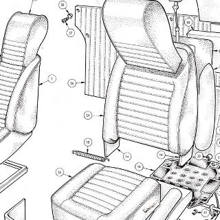 BODY AND FITTINGS: Seats and Back Board - USA, Japan Front Seat and Headrest Assembly Complete with Cushion, Headrest Details, Frame Assembly Complete Headrest, Front Seat, Lock and Cable Assembly, Seat Slides, Seat Slide Assembly, Rear Trim Board Complete