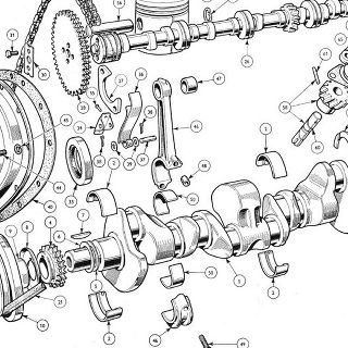 ENGINE (Carburettor Model): Crankshaft, Camshaft, Pistons and Flywheel Crankshaft, Chainwheel, Fan Assembly, Extension, Flywheel Assembly, Camshaft, Timing Cover Assembly, Piston Assembly, Drive Shaft Assembly - Distributor And Oil Pump