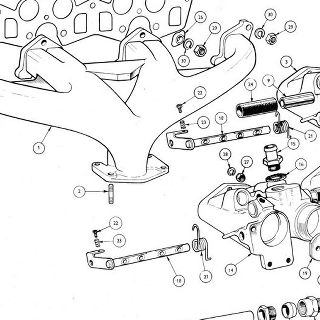 ENGINE (Petrol Injection Model): Manifolds and Heater Pipe Exhaust and Inlet Manifold, Manifold Gasket, Throttle Spindles and Butterflies, Heater Pipe-solid under manifolds