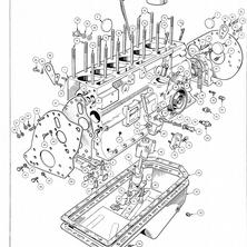 ENGINE (Petrol Injection Model): Block and Sump Engine Unit 9.5:1, Decarbonising Gasket Set, Engine Gasket Set, Cylinder Block, Cylinder Liner, Rear Oil Seal Housing, Oil Pressure Adjustment Details, Oil Pump Assembly, Oil Sump Assembly, Dipstick Assembly, Front Engine Plate, Engine Mounting Bracket Assy, Rear Engine Plate, Engine Lifting Eyes, Oil Pressure Switch